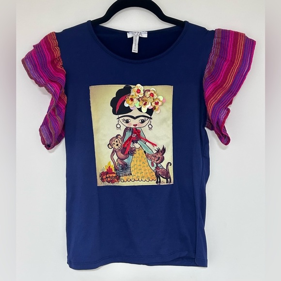 Izza Embellished Frida Navy Ruffled Sleeve T-shirt Size XS/S - Picture 1 of 9